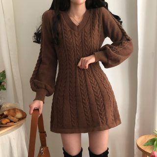 V Neck Long Sleeve Cable Knit Dress