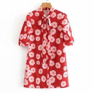 Floral Print Tie-neck Short-sleeve Mini A-line Dress