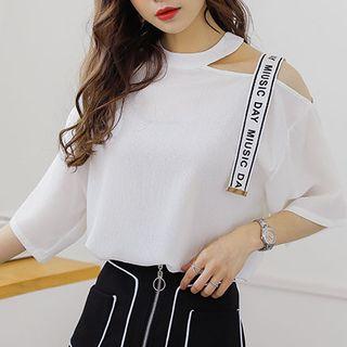 Cutout Shoulder Letter Strap Short-sleeve Chiffon Top