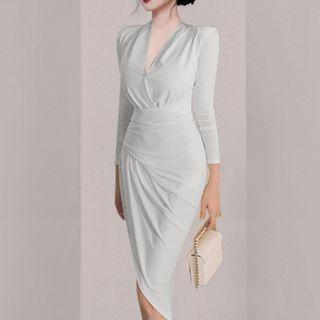 Long-sleeve V-neck Asymmetrical Sheath Dress