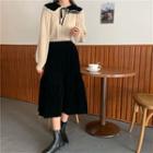 Long-sleeve Peter Pan Collar Sweater / Plain Velvet Skirt