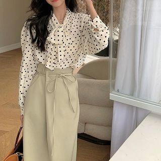 Puff-sleeve Tie-neck Dotted A-line Dress
