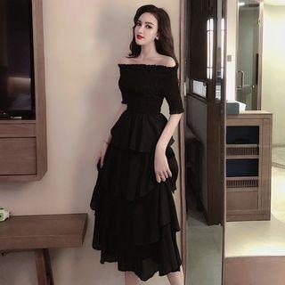 Elbow-sleeve Off-shoulder Midi Tiered Dress