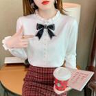 Long-sleeve Faux Pearl Bow Knit Top