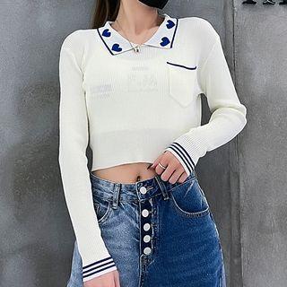 Ribbed Heart Print Polo Knit Top