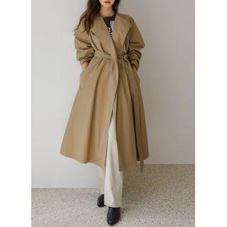 Belted Round-neck Long Trench Coat