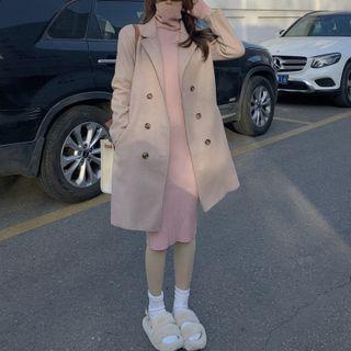 Notch Lapel Double-breasted Coat / Fringed Scarf / Turtleneck Midi Knit Dress