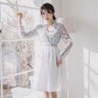 Hanbok Peplum Top (floral / Sky Blue) + Skirt (midi / White)