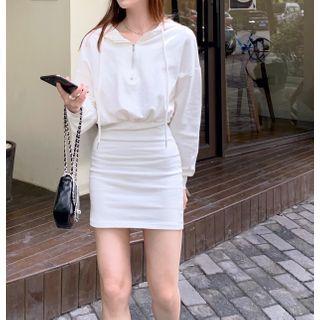 Long-sleeve Plain Hooded Mini Dress White Dress - One Size