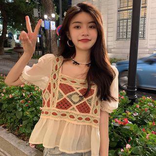 Short-sleeve Crochet Lace Blouse White - One Size