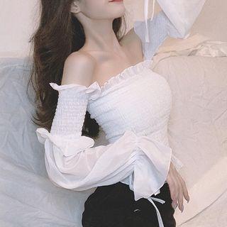 Long-sleeve Off-shoulder Shirred Top