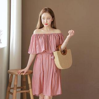 Off-shoulder Stripe Dress With Sash