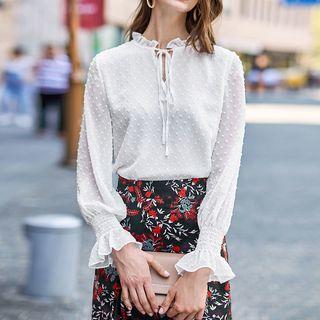 Ruffle-trim Tie-neck Chiffon Blouse