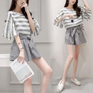 Set: Bell-sleeve Striped Top + Wide Leg Shorts