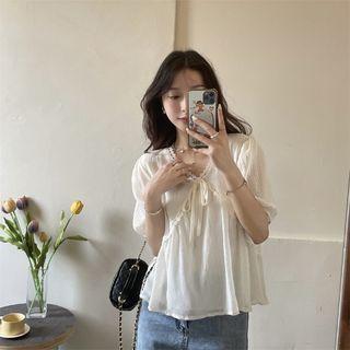 Short-sleeve V-neck Lace Trim Blouse Beige - One Size