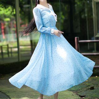 Long-sleeve Sailor Collar Dotted Midi A-line Dress