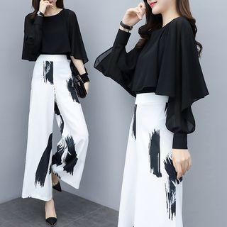 Set: Capelet Blouse + Print Wide-leg Pants