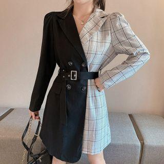 Plaid Panel Double-breasted Blazer Dress