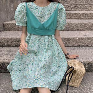 Puff-sleeve Floral A-line Dress / Crop Camisole Top