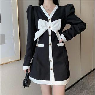 Puff-shoulder V-neck Bow-accent A-line Dress