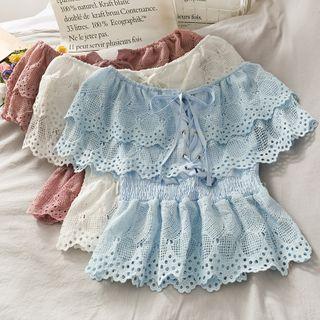 Eyelet Boatneck Lace-up Crop Top