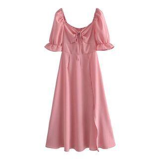 Puff-sleeve Square-neck Drawstring Slit Dress