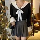 Long-sleeve Sailor Collar Bow Top Black - One Size