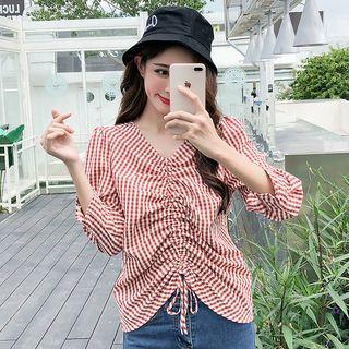 3/4-sleeve Plaid Drawstring Blouse
