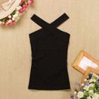 Plain Halter Off-shoulder Slim-fit Tank Top Black - One Size