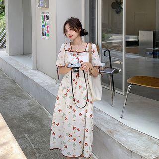 Short-sleeve Contrast Trim Floral Dress