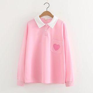 Heart Embroidered Long Sleeve Polo Shirt