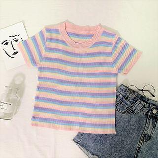Striped Short-sleeve Knit Top Stripe - Pink - One Size