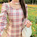 Long-sleeve Plaid A-line Dress Red - One Size