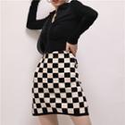 High-waist Plaid Skinny Knit Mini Skirt Khaki - One Size