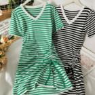 Striped Drawstring V-neck Mini Dress