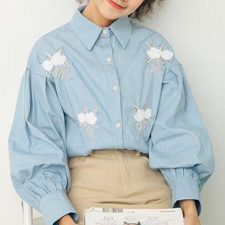 Embroidered Lantern-sleeve Shirt Blue - One Size