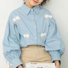 Embroidered Lantern-sleeve Shirt Blue - One Size