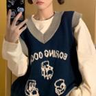 Cartoon Print Sweater Vest Navy Blue - One Size
