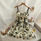 Sleeveless Mesh-panel Printed Mini Dress Almond - One Size