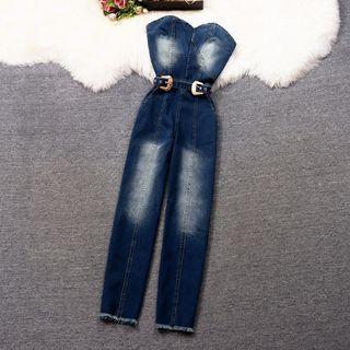 Strapless Belted Denim Jumpsuit