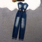 Strapless Belted Denim Jumpsuit