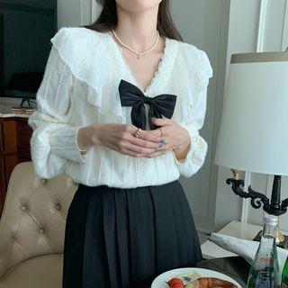 V-neck Bow Lace Blouse White - One Size