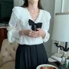 V-neck Bow Lace Blouse White - One Size