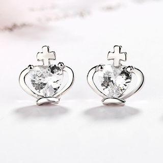 925 Sterling Silver Rhinestone Crown Earring As Shown In Figure - One Size