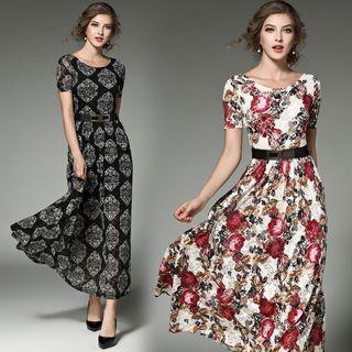 Short-sleeve Floral Print Crewneck Sheath Dress