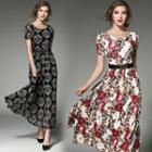 Short-sleeve Floral Print Crewneck Sheath Dress