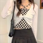 Mock Two-piece Long-sleeve Checkered Crop Top