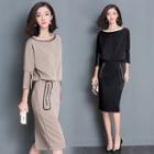 3/4-sleeve Crewneck A-line Sheath Plain Long Dress
