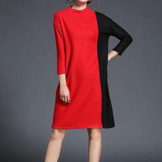 Color Panel Mock Neck 3/4 Sleeve Knit Dress