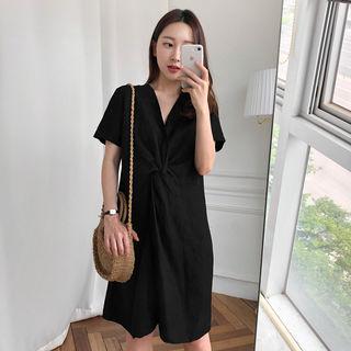 V-neck Draped Linen Dress